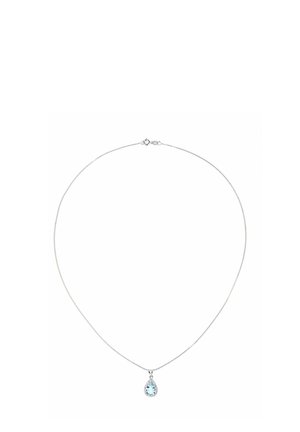 Hõbe kettkaelakee, millel on pirnikujuline helesinine kalliskivi ripats, mida ümbritsevad väikesed selged kaunistused.