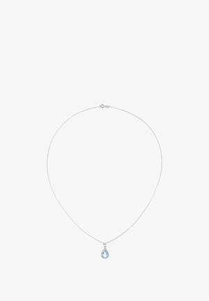 Hõbe kettkaelakee, millel on pirnikujuline helesinine kalliskivi ripats, mida ümbritsevad väikesed selged kaunistused.