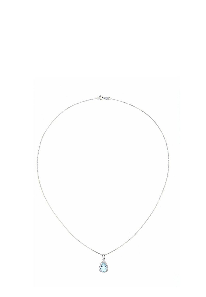 Srebrna lančić ogrlica s privjeskom u obliku kruške svijetloplavog dragog kamena okruženog malim prozirnim akcentima.