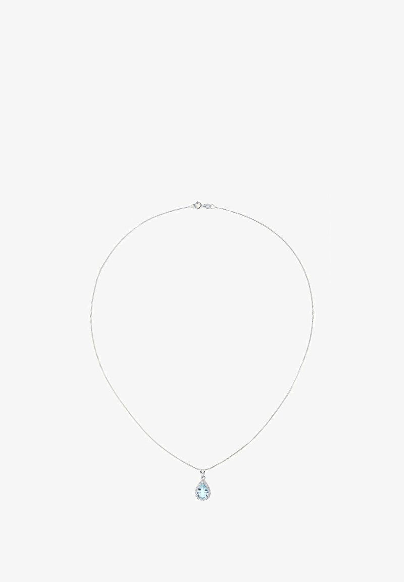 Srebrna lančić ogrlica s privjeskom u obliku kruške svijetloplavog dragog kamena okruženog malim prozirnim akcentima.