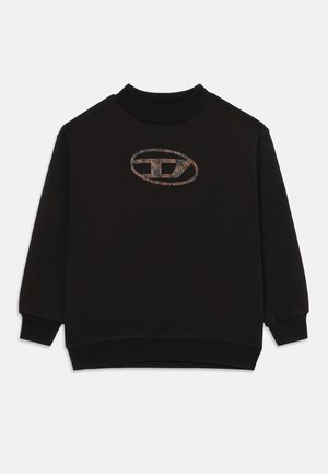 Felpa nera a maniche lunghe con colletto e polsini a costine, caratterizzata da un design di logo ovale in stile usurato al centro davanti.