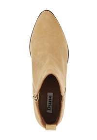 Beige suede ankle boot with pointed toe, side zipper, and minimalistic design. Smooth texture with a subtle sheen on the surface.