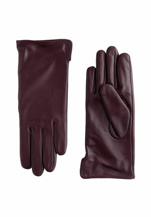 Burgundy leather gloves with a smooth texture, featuring four fingers and a thumb design, tailored with clean stitching and no visible hardware.