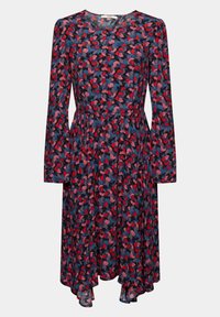 Robe longue manches longues longueur genou avec taille ajustée, encolure ronde et motif floral abstrait multicolore en rouge, bleu, rose et noir.