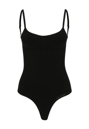 Sort bodystocking med tynde justerbare stropper, lavet af strækbart materiale. Har en rund halsudskæring og et sømløst design, der fremhæver en slank silhuet.