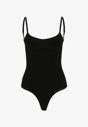 Body nero con sottili spalline regolabili, realizzato in tessuto elastico. Presenta una scollatura a U e un design senza cuciture, che mette in risalto una silhouette elegante.