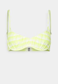 Top de bikini em padrão xadrez amarelo néon e branco, com alças ajustáveis, acabamento texturizado e fecho metálico na frente.