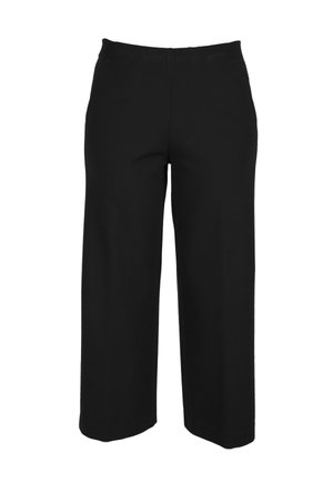 Pantaloni neri a gamba larga realizzati in tessuto liscio. Presentano una cintura comoda, senza tasche visibili e un design semplice e filante.