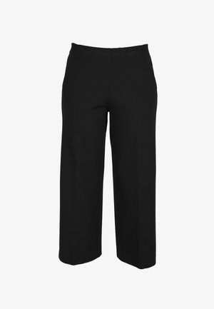 Pantaloni neri a gamba larga realizzati in tessuto liscio. Presentano una cintura comoda, senza tasche visibili e un design semplice e filante.