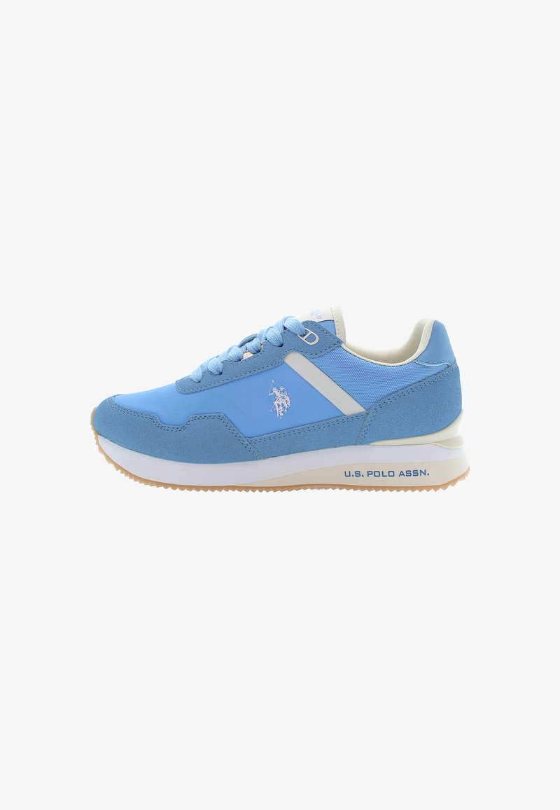 Hellblaue U.S. Polo Assn. Sneaker mit weißer Sohle, Schnürdesign, Logo an der Seite und beigem Innenfutter.