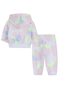 Παιδικό σετ δύο τεμαχίων με φούτερ με κουκούλα και παντελόνι που ταιριάζει. Απαλό ύφασμα με παστέλ σχέδια φράουλας σε ροζ, πράσινο και μπλε χρώματα.