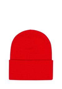 Gorro de punto rojo con borde doblado, parte superior redonda y textura suave, diseñado para proporcionar calor y comodidad en climas fríos.