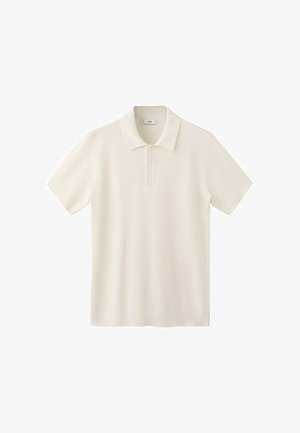 Bela polo majica s kratkimi rokavi, ovratnikom in trirazličnim zapenjanjem, prikazana na belem ozadju.