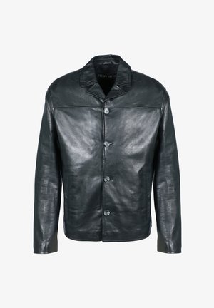 Zwarte leren jas met een klassieke kraag, sluiting met knopen aan de voorkant en een gladde textuur. Heeft een getailleerde pasvorm en een minimalistisch ontwerp.