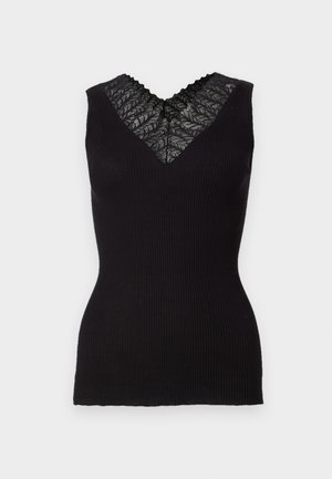Zwarte geribbelde tanktop met een V-halsontwerp, voorzien van een kantinzetstuk bij de halslijn. Gladde textuur met een aangesloten silhouet.