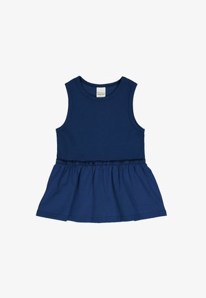 Navy blue sleeveless dress with ribbed bodice and gathered skirt. Features a lace-accented waistline and soft cotton fabric.
