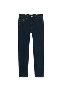 Vaqueros skiny de mezclilla azul oscuro con un ligero estiramiento, que cuentan con un bolsillo frontal con un detalle de logo dorado y un diseño clásico de cinco bolsillos.