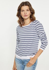 Tricou lung cu dungi albastre și albe, cu guler rotund și manșete strâmte, asortat cu blugi deschiși. Material moale cu o croială lejeră.
