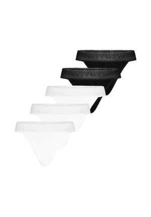 Viisi pitsireunaista naisten stringialushousua esillä porrastetussa järjestyksessä, kolme valkoista ja kaksi mustaa paria.