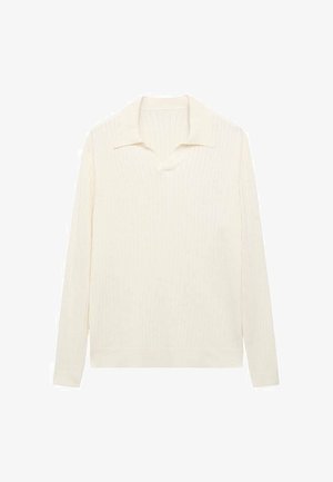 Pullover a maniche lunghe di colore crema con texture a coste, colletto e scollatura a forma di V. Silhouette semplice e dritta.