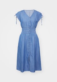 Sininen midimekko, jossa on V-pääntie, napitettava etuosa, kootun elastisen vyötärön, lyhyet hihansuut nyöreillä olkapäillä ja levenevä helma.