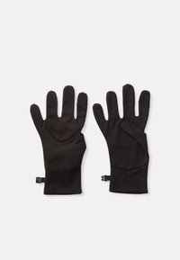 Zwarte handschoenen van zacht, rekbaar stof, met een naadloos ontwerp, ergonomische pasvorm en getextureerde touchscreen-vingertoppen voor gebruiksgemak.