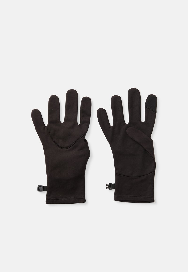 Zwarte handschoenen van zacht, rekbaar stof, met een naadloos ontwerp, ergonomische pasvorm en getextureerde touchscreen-vingertoppen voor gebruiksgemak.