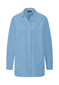 Chemise à manches longues bleu clair avec col pointu et boutons dissimulés à l'avant, présentée sur fond blanc.