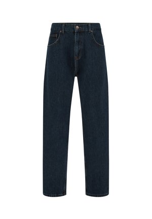 Donkerblauwe jeans van denim, met een rechte pijp, vijf zakken en een knoopsluiting met contrasterende stiksel details.