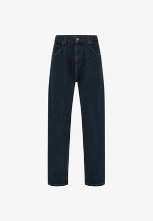 Dunkelblaue Jeans aus Denim mit geradem Bein, fünf Taschen und einem Knopfverschluss mit kontrastierenden Nähdetails.