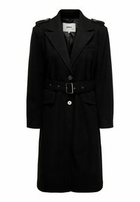Manteau noir en mélange de laine avec une coupe ajustée, des revers crantés, des boutons croisés, une ceinture à la taille et des épaulettes sur les épaules.