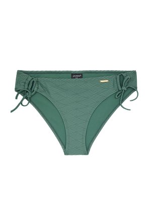 Zielone bikini dolne wykonane z teksturowanej tkaniny, z geometrycznym wzorem, regulowanymi wiązaniami po bokach oraz metalowym akcentem z logo.