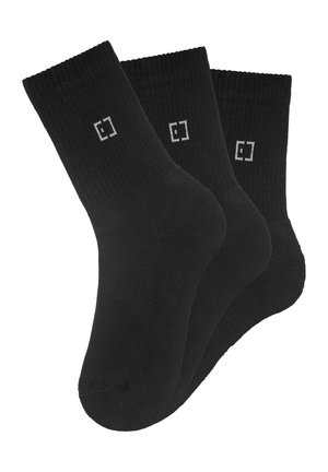 Schwarze Baumwollsocken im 3er-Pack. Mit gerippten Bündchen und einem dezenten Logo in Grau. Glatte Textur und normale Crew-Länge.