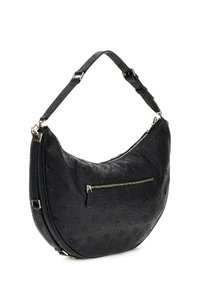Borsa a spalla in pelle nera con superficie testurizzata, forma curvata e tasca frontale con zip. Dotata di una tracolla corta con hardware in argento.