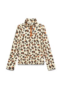 Pullover med leopardmönster i krämfärg, med svarta och orange fläckar. Den har hög krage, halv dragkedja och svart randig nederkant med långa ärmar.