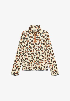 Pull en imprimé léopard crème, avec des taches noires et orange. Il dispose d'un col montant, d'une fermeture éclair demi-longueur et d'un ourlet à rayures noires avec des manches longues.