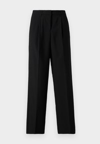 Black pleated trousers with a straight cut. Made from durable fabric, featuring front and back pockets, and a waistband without embellishments.