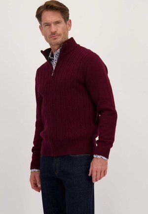 Homme debout portant un pull en câble bordeaux à fermeture éclair par-dessus une chemise à motif et un jean bleu foncé sur un fond clair.
