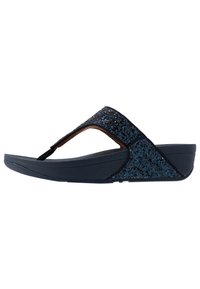 Mørkeblå flip-flop med glitrende overdel, thongs stil, polstret fotseng og lav kilehæl. Teksturerte overflater fremhever designet.