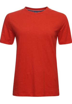 Short-sleeve plain red crew neck cotton t-shirt with a subtle navy and white striped detail inside the collar.