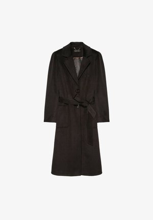 Schwarzer langer Mantel aus weichem Stoff, mit Reverskragen, Knopfverschluss und gebundenem Taillengürtel. Verfügt über zwei frontale Taschen.