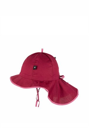 Kinder-Sonnenhut in Kastanienbraun mit breiter Krempe, Nackenschutz und Kinnriemen, entworfen für vollständigen Sonnenschutz.