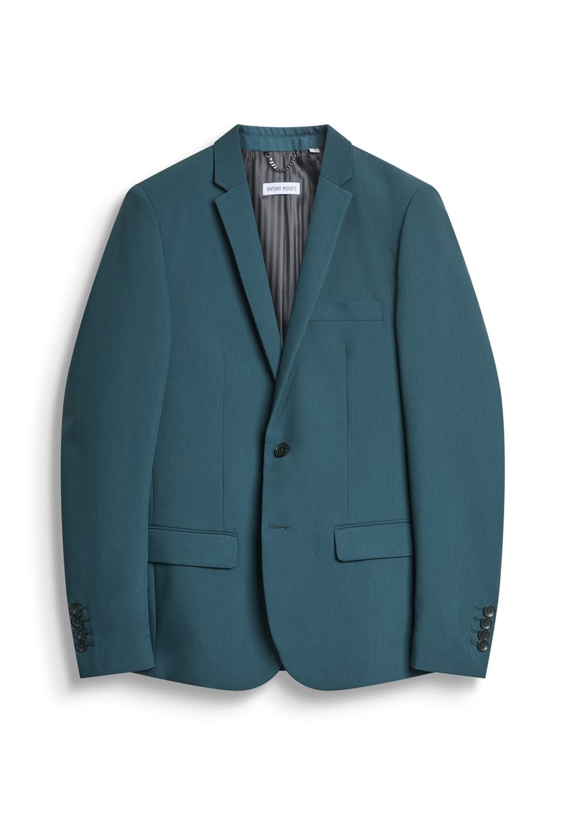 Tirkizni sako izrađeno od teksturiranog materijala, s jednim dugmetom, dva prednja džepa, jednim džepom na prsima i prugastom podstavom.