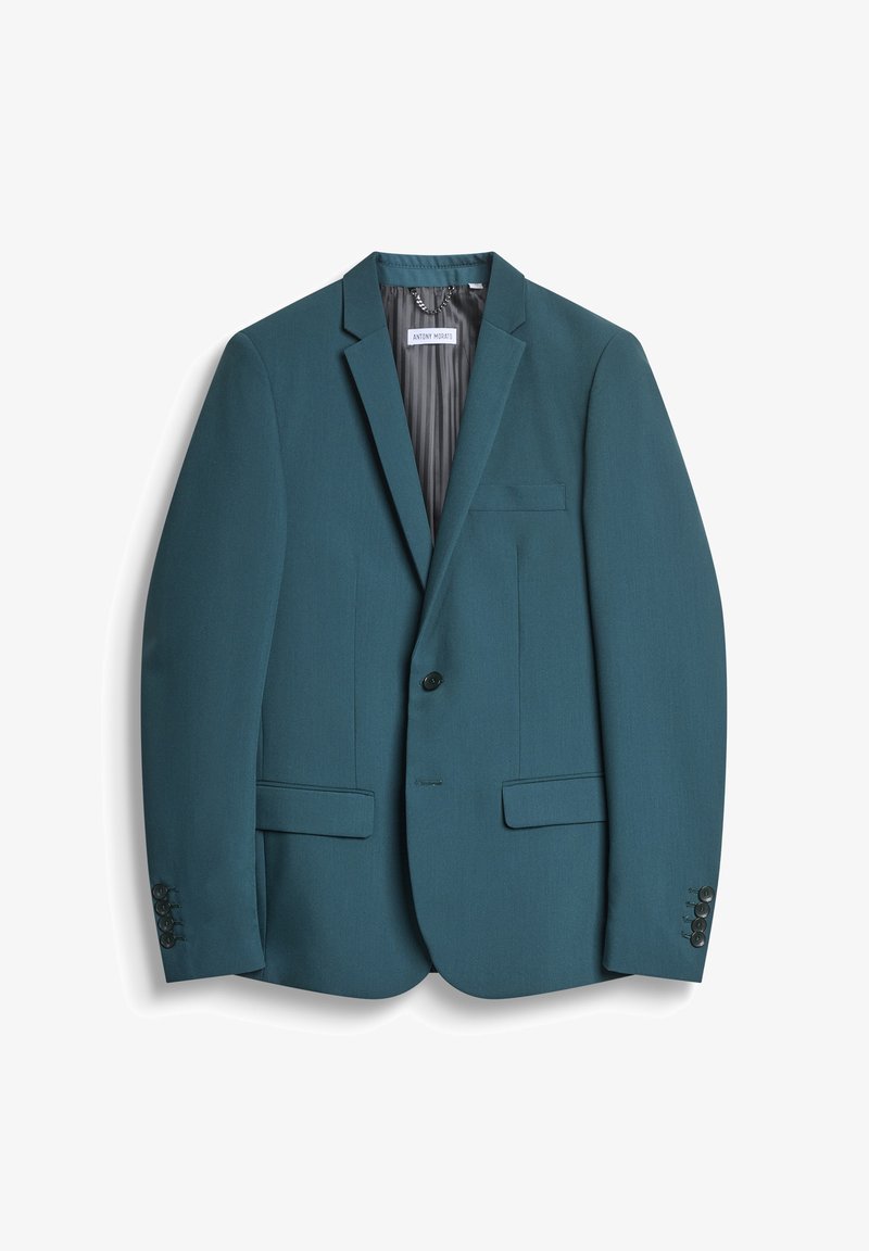Blazer teal realizzato in tessuto testurizzato, con chiusura a un bottone, due tasche frontali, una tasca sul petto e foderato a righe.