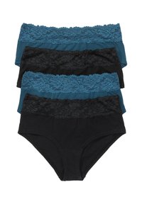 Quattro paia di mutande femminili in tessuto nero e verde acqua, con pizzo decorativo in vita. Materiale in cotone morbido; design a copertura totale.
