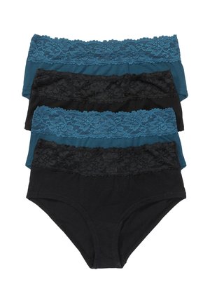 Vier Paare Damenunterhosen aus schwarz und türkisfarbenem Stoff mit Spitzenbesatz am Bund. Aus weichem Baumwollmaterial; vollflächiges Design.