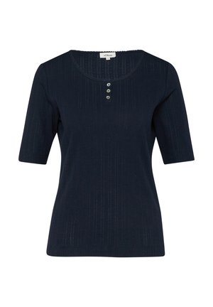 Granatowy, krótkorękawowy dzianinowy top z okrągłym dekoltem, trzema guzikami z przodu oraz subtelnymi pionowymi prążkami.