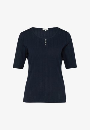 Marineblaues, kurzärmeliges Strickoberteil mit rundem Ausschnitt, drei vorderen Knöpfen und dezenten vertikalen Strukturstreifen.