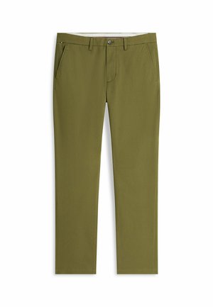 Pantaloni verde oliva a gamba dritta con passanti per cintura, tasche laterali, chiusura frontale con bottoni e una piccola etichetta di tessuto vicino alla tasca destra.