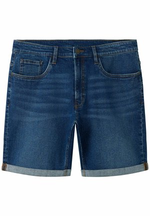 Dunkelblaue Jeansshorts mit umgeschlagenen Säumen, vorne mit Knopf, Reißverschluss und Fünf-Taschen-Design, flach auf einem weißen Hintergrund liegend.